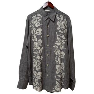 Tommy Bahama Mens Floral 100% Linen Button Up Shirt Size L Gray Resort Coastal‎
